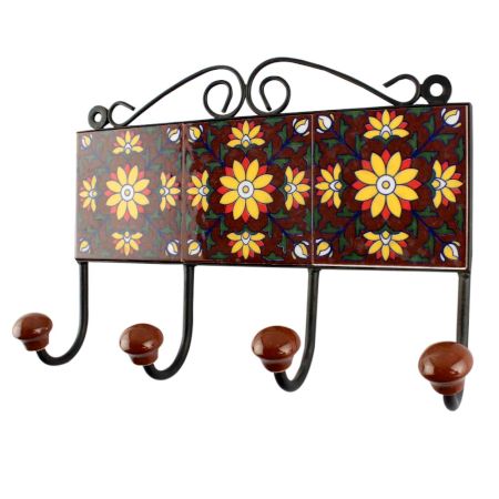 Dark Brown With Yellow Sunflower Ceramic Tile Hook